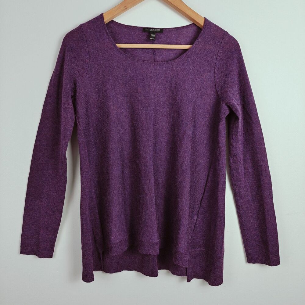 Eileen Fisher Purple Tencel Merino Wool Alpaca Hi-Low Crew Neck Pullover Sweater
